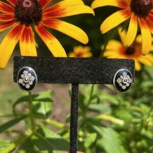 925 Silver Onyx Marcasite Oval Flower Design EARRINGS